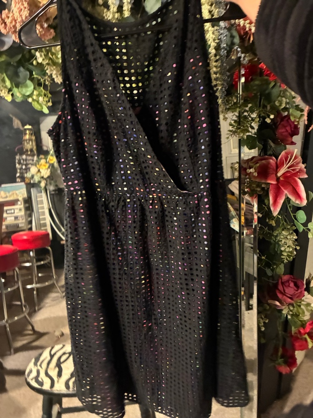 Lane Bryant Black V neck Mini Dress. cutout layer over colorful floral fabric